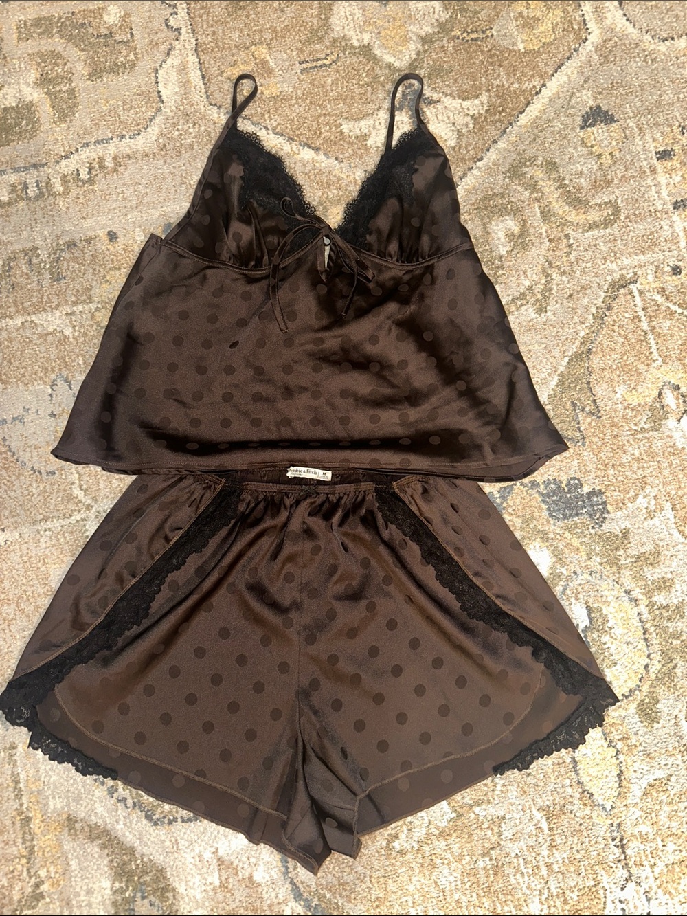 Abercrombie Sleepwear Silky Polka Dot Lace Trim Cami & Short Set - Brown